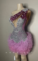 H2000 - Sexy Fitted Glitter One Shoulder Rhinestone Sequins Embellished Tulle Homecoming Dresses For Black Women