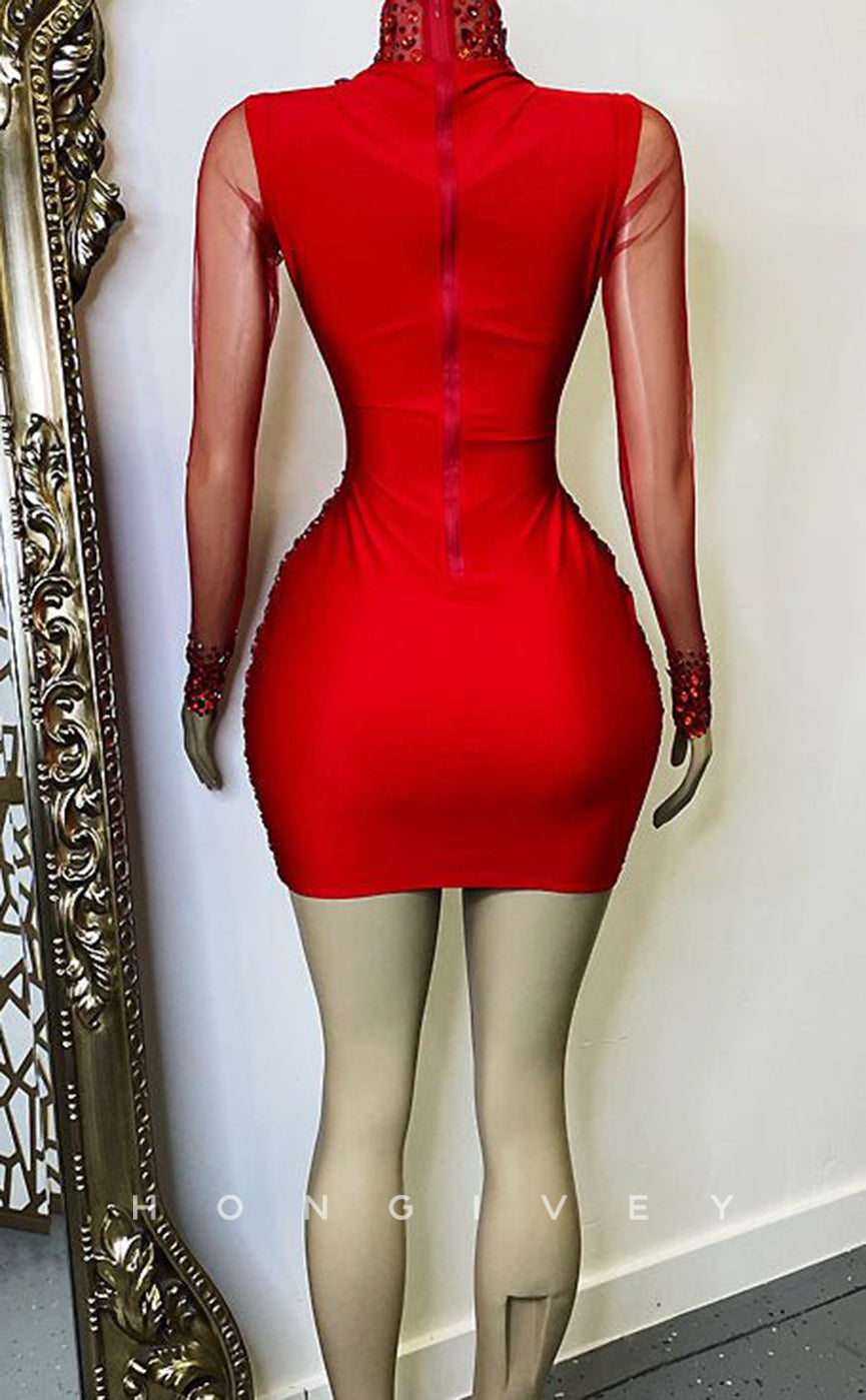 H2002 - Sexy Fitted Red Glitter Illusion High Neck Long Sleeves Homecoming Dresses For Black Women