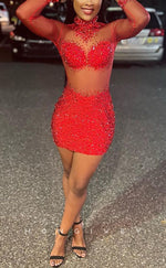 H2002 - Sexy Fitted Red Glitter Illusion High Neck Long Sleeves Homecoming Dresses For Black Women