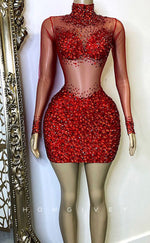 H2002 - Sexy Fitted Red Glitter Illusion High Neck Long Sleeves Homecoming Dresses For Black Women