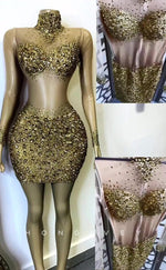 H2003 - Sexy Fitted Glitter Illusion High Neck Long Sleeves Rhinestone Homecoming Dresses For Black Women