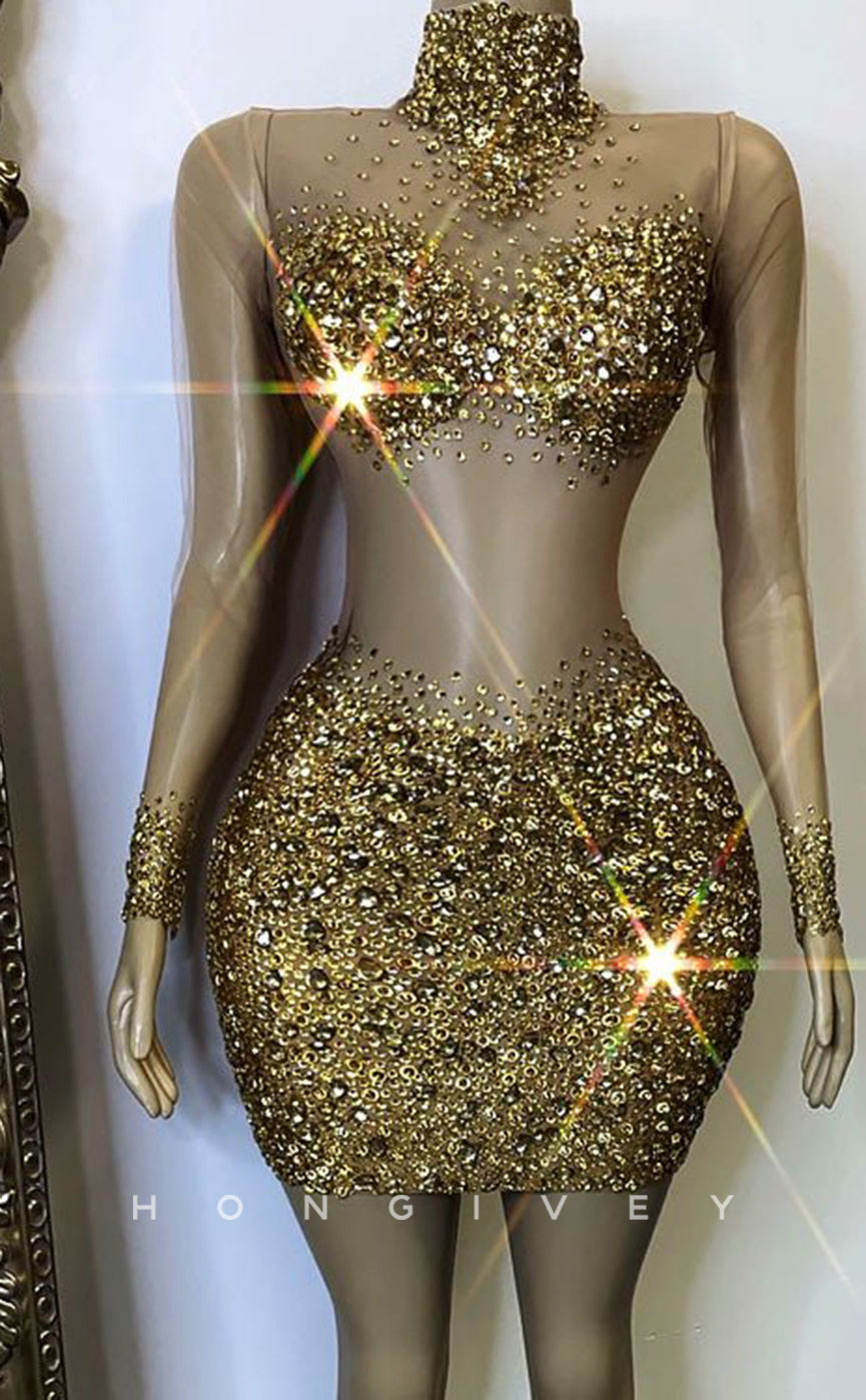 H2003 - Sexy Fitted Glitter Illusion High Neck Long Sleeves Rhinestone Homecoming Dresses For Black Women