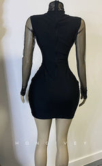 H2005 - Sexy Fitted Black Illusion High Neck Lace Long Sleeves Beaded Homecoming Dresses For Black Women