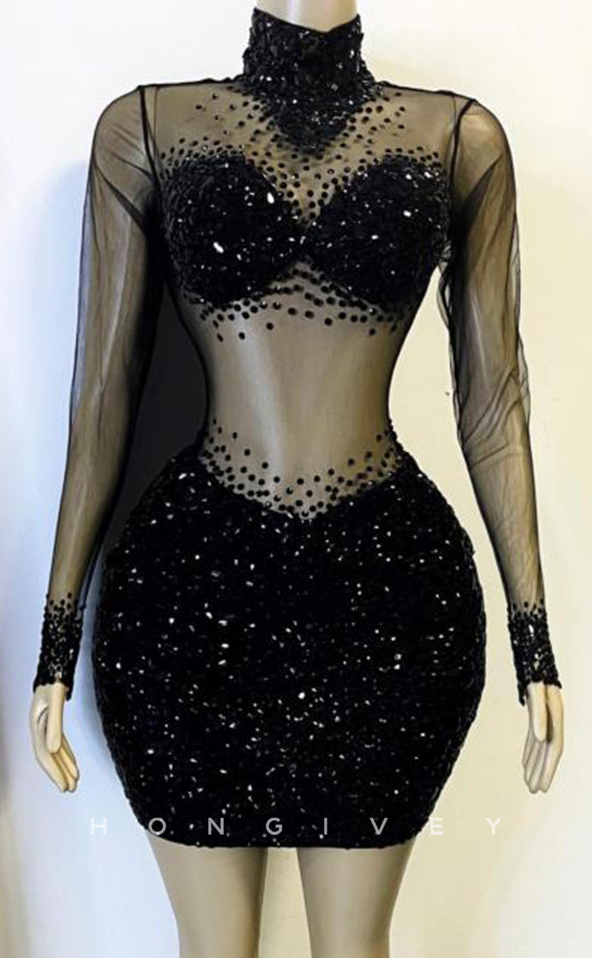 H2005 - Sexy Fitted Black Illusion High Neck Lace Long Sleeves Beaded Homecoming Dresses For Black Women