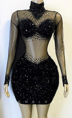 H2005 - Sexy Fitted Black Illusion High Neck Lace Long Sleeves Beaded Homecoming Dresses For Black Women