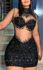 H2005 - Sexy Fitted Black Illusion High Neck Lace Long Sleeves Beaded Homecoming Dresses For Black Women