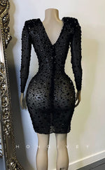 H2007 - Sexy Fitted Sheer Ballgown Round Long Sleeves Fully Beaded Homecoming Dresses For Black Women