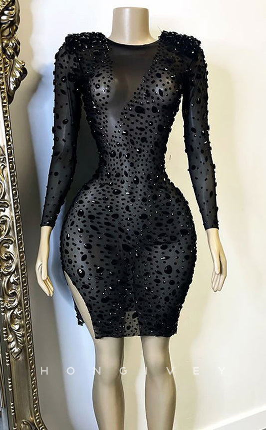 H2007 - Sexy Fitted Sheer Ballgown Round Long Sleeves Fully Beaded Homecoming Dresses For Black Women