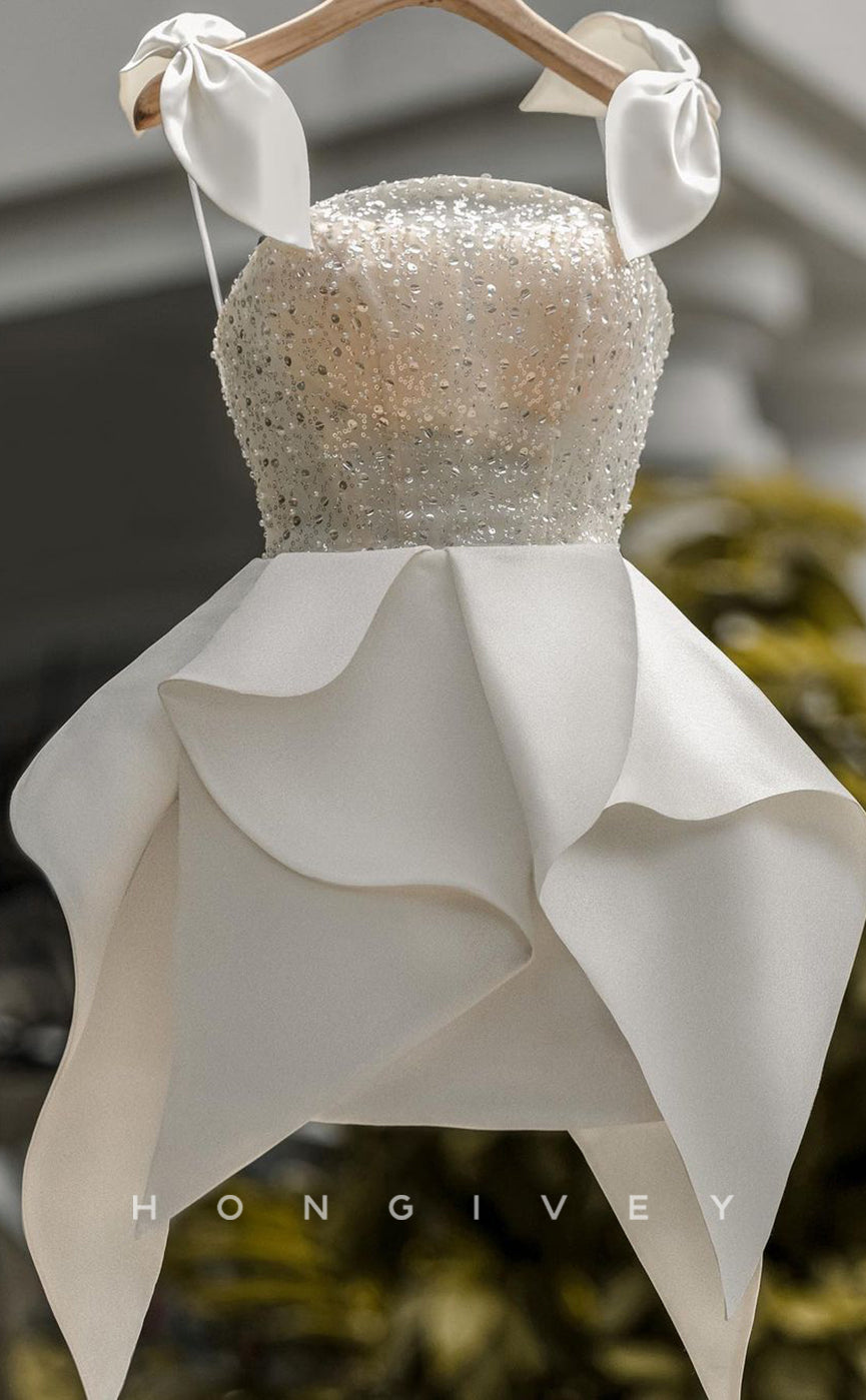 H2021 - Elegant Illusion Strapless Bowknot Spaghetti Straps Asymmetrical Short Homecoming Dress