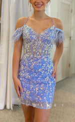 H2022 - Sexy Fitted Glitter V-Neck Spaghetti Straps Detachable Feathers Homecoming Dress