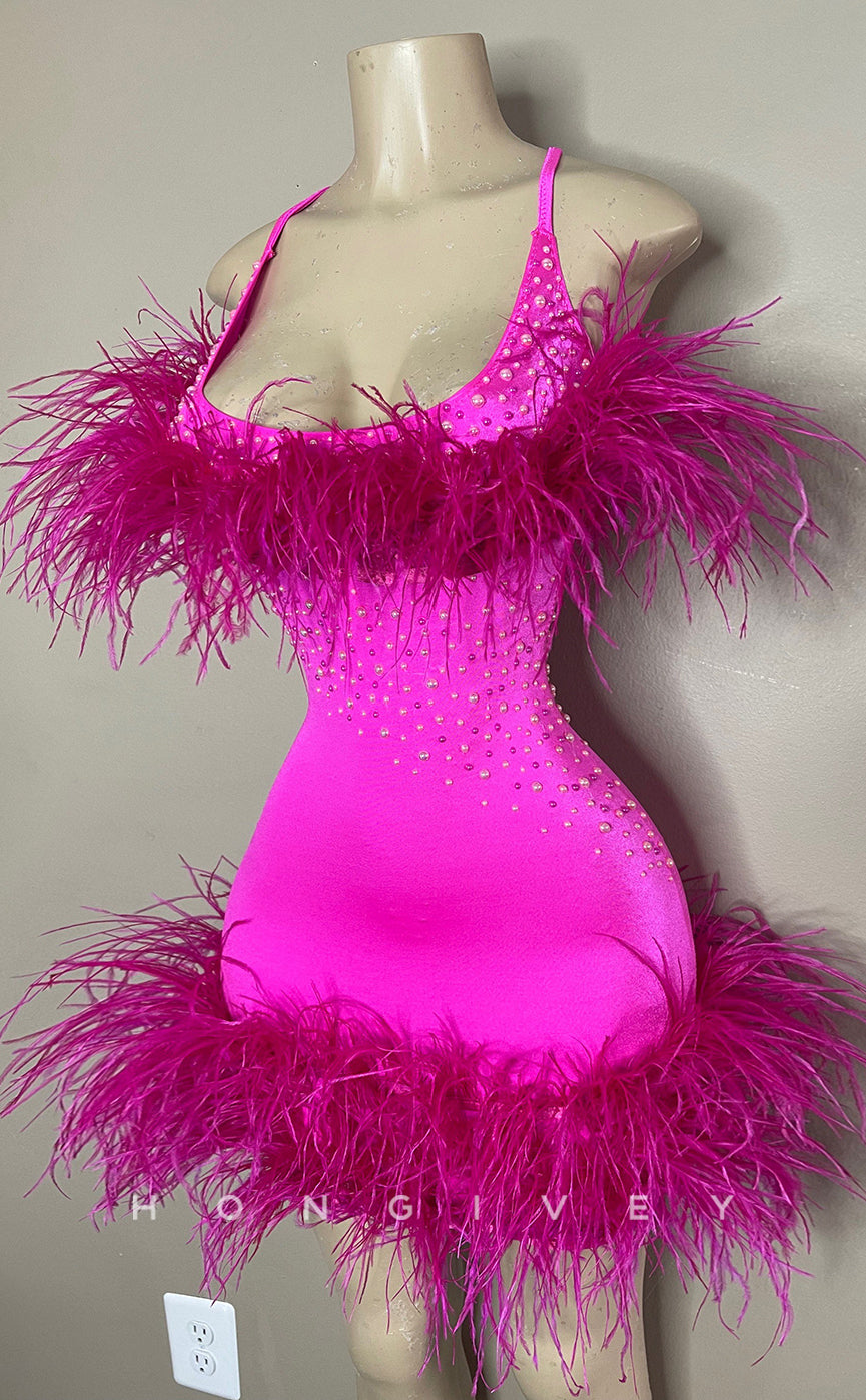 H2023 - Sexy Fitted Square Spaghetti Straps Feathers Short Homecoming Dress