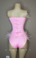 H2024 - Sexy Fitted Glitter Strapless Feathers Jumpsuit Short Homecoming  Dresses For Black Women