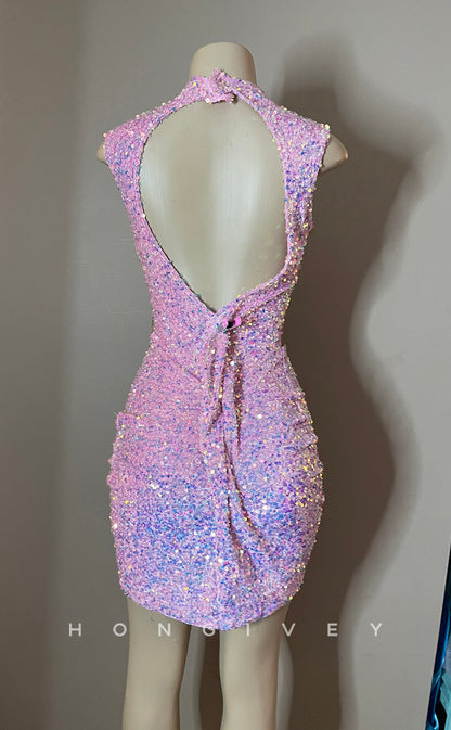 H2026 - Sexy Fitted Glitter Illusion Round Sleeveless Open Back Homecoming Dresses For Black Women