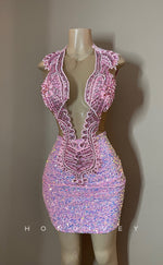 H2026 - Sexy Fitted Glitter Illusion Round Sleeveless Open Back Homecoming Dresses For Black Women