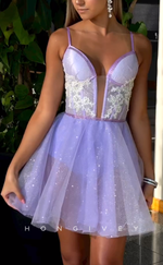 H2031 - Chic Glitter A-Line Spaghetti Straps Plunging Illusion Tulle Homecoming Dress