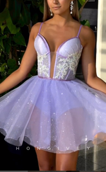 H2031 - Chic Glitter A-Line Spaghetti Straps Plunging Illusion Tulle Homecoming Dress