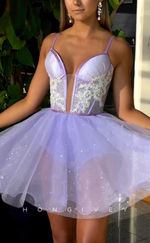 H2031 - Chic Glitter A-Line Spaghetti Straps Plunging Illusion Tulle Homecoming Dress