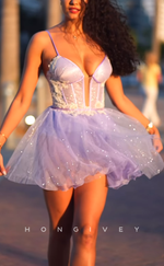 H2031 - Chic Glitter A-Line Spaghetti Straps Plunging Illusion Tulle Homecoming Dress