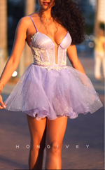 H2031 - Chic Glitter A-Line Spaghetti Straps Plunging Illusion Tulle Homecoming Dress