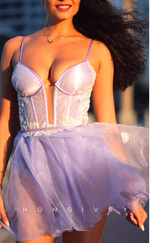 H2031 - Chic Glitter A-Line Spaghetti Straps Plunging Illusion Tulle Homecoming Dress