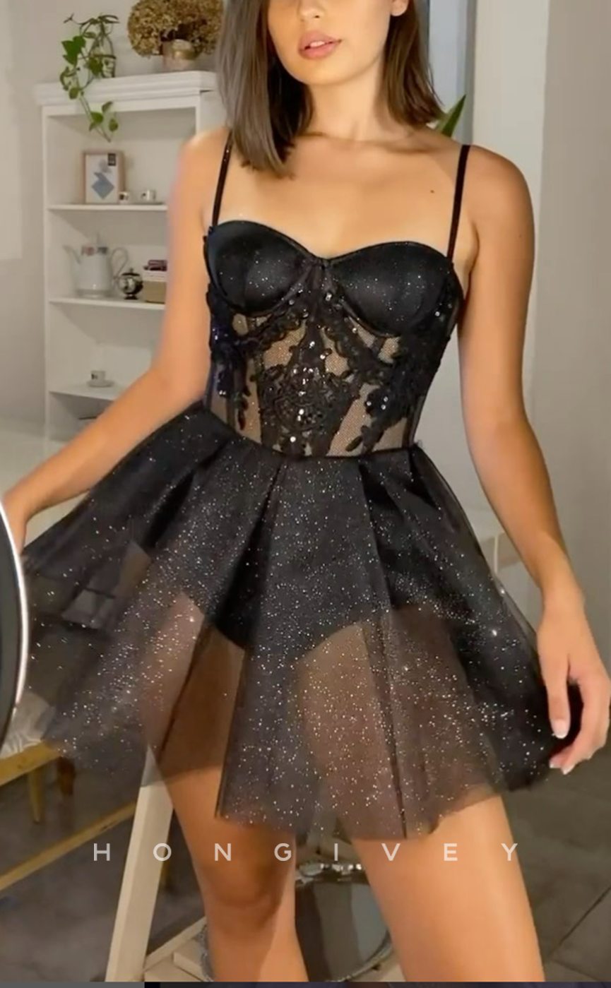 H2032 - Sexy Black Illusion A-Line Sweetheart Spaghetti Straps Homecoming Dress