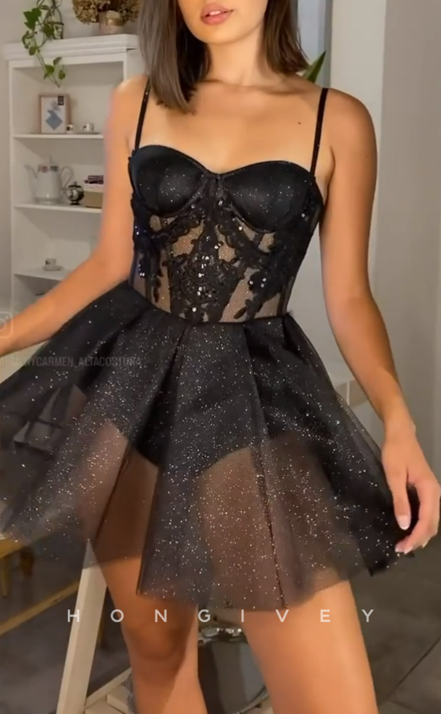 H2032 - Sexy Black Illusion A-Line Sweetheart Spaghetti Straps Homecoming Dress