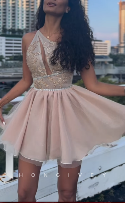 H2033 - Sexy A-Line One Shoulder Sleeveless Empire Beaded Homecoming Dress