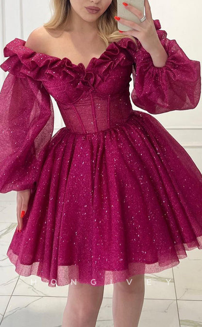 H2040 - Sexy Glitter A-Line Empire Ruffled Off-Shoulder Long Puff Sleeves Gown Short Cocktail/Homecoming Dress
