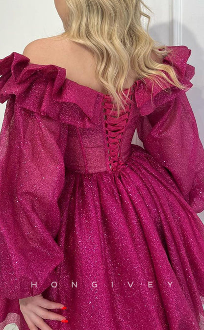 H2040 - Sexy Glitter A-Line Empire Ruffled Off-Shoulder Long Puff Sleeves Gown Short Cocktail/Homecoming Dress