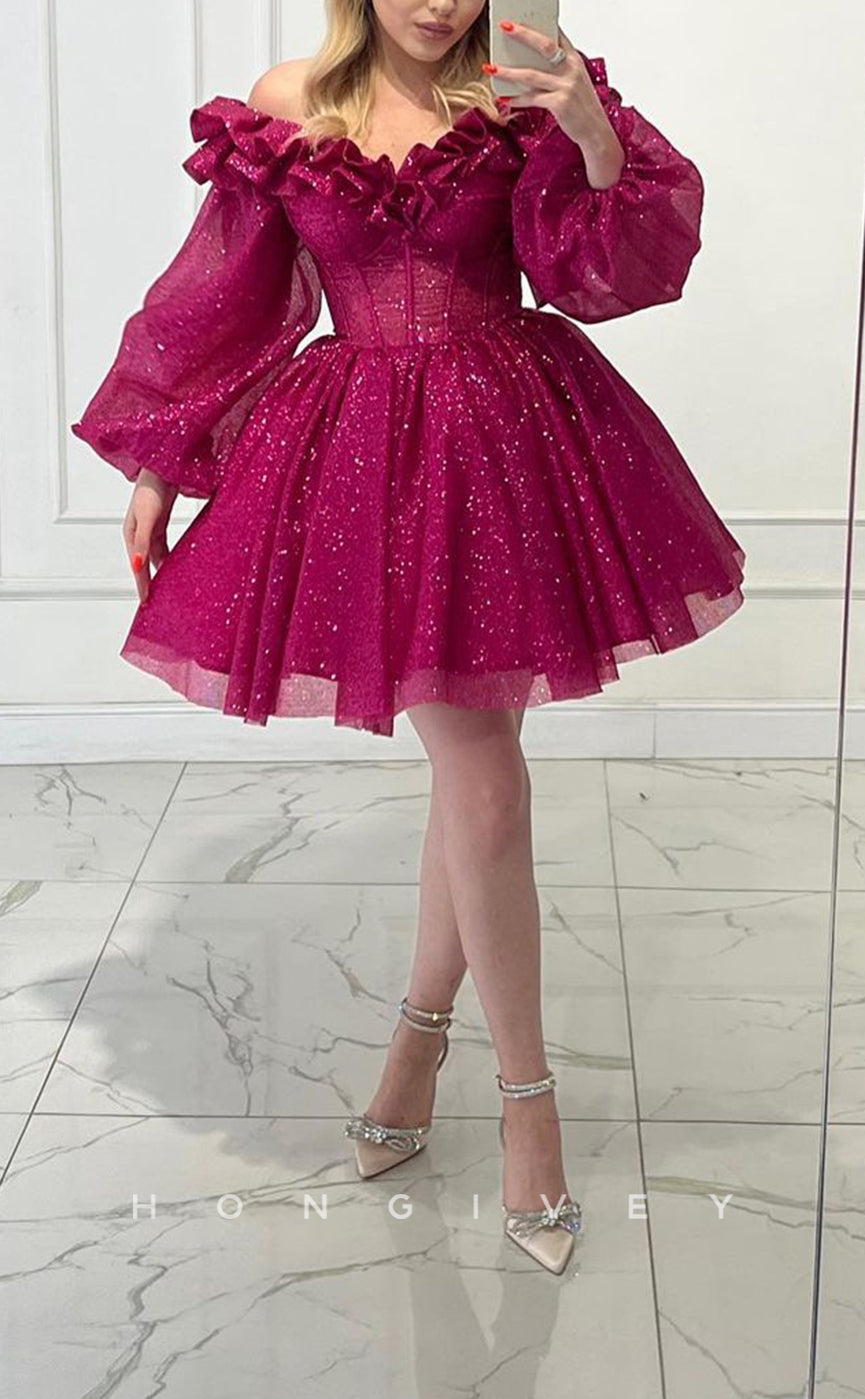 H2040 - Sexy Glitter A-Line Empire Ruffled Off-Shoulder Long Puff Sleeves Gown Short Cocktail/Homecoming Dress