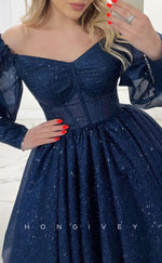 H2041 - Chic Glitter Tulle A-Line V-Neck Long Sleeves Empire Short Party/Homecoming Dress