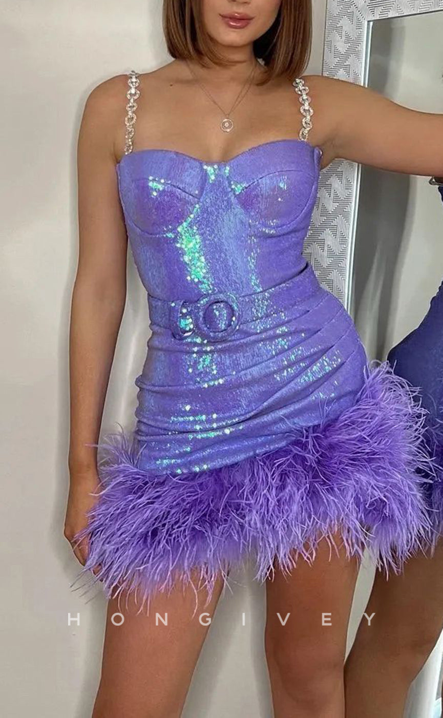 H2045 - Sexy Fitted Glitter Sweetheart Spaghetti Straps Sequined Feathers Belt Short Party/Homecoming Dress