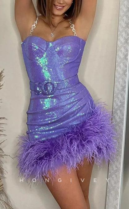 H2045 - Sexy Fitted Glitter Sweetheart Spaghetti Straps Sequined Feathers Belt Short Party/Homecoming Dress