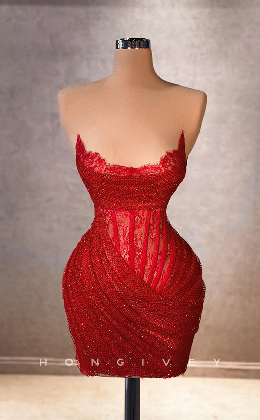 H2046 - Sexy Fitted Red Glitter Illusion Bateau Sleeveless Short Party/Homecoming Dress