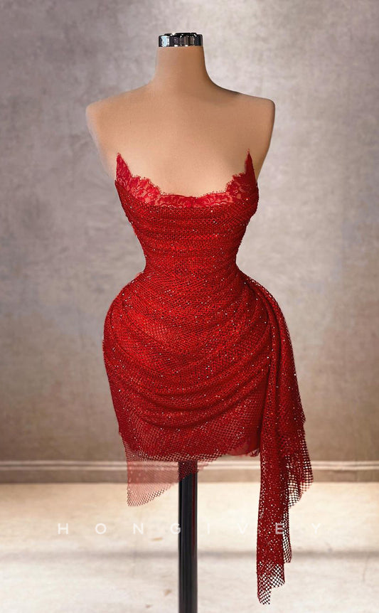 H2047 - Sexy Fitted Glitter Illusion Bateau Strapless Sleeveless Ruched Short Party/Homecoming Dress