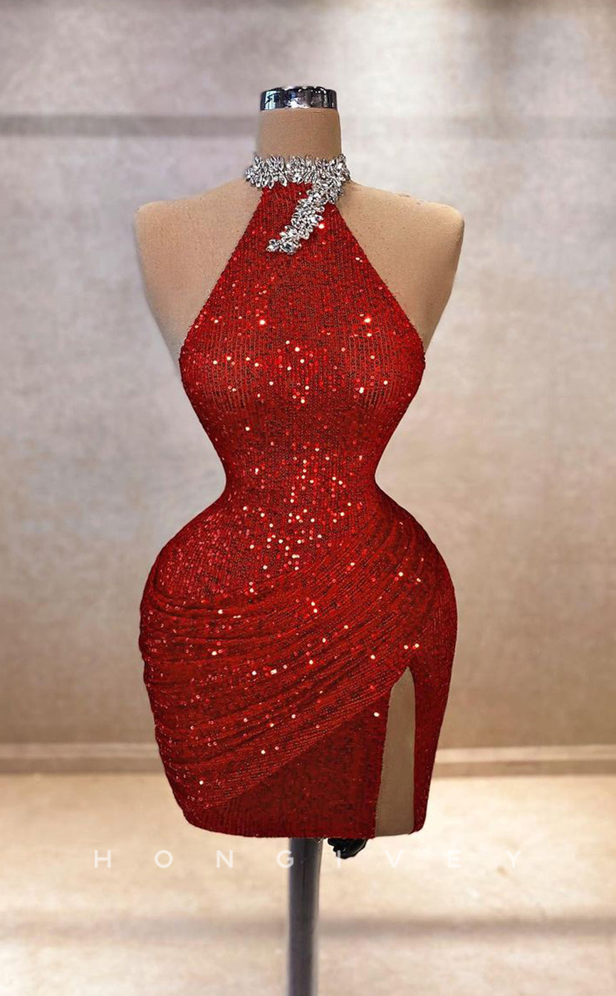 H2048 - Sexy Fitted Glitter Red Fully Sequined High Neck Sleeveless Short Party/Homecoming Dress