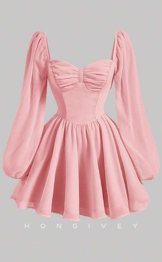 H2056 - Casual Satin A-Line Sweetheart Long Sleeve Ruched Short Party/Homecoming Dress