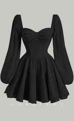 H2056 - Casual Satin A-Line Sweetheart Long Sleeve Ruched Short Party/Homecoming Dress