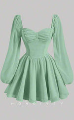 H2056 - Casual Satin A-Line Sweetheart Long Sleeve Ruched Short Party/Homecoming Dress