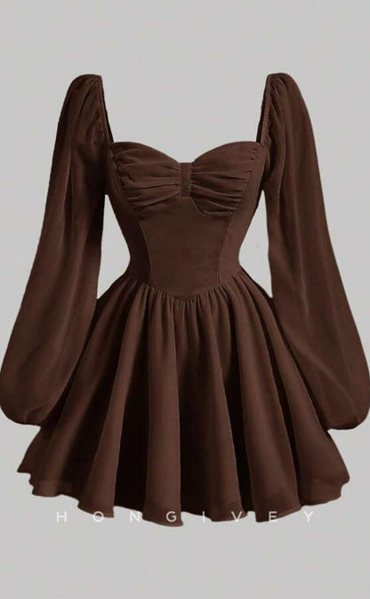 H2056 - Casual Satin A-Line Sweetheart Long Sleeve Ruched Short Party/Homecoming Dress