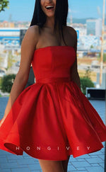 H2061 - Sexy Satin A-Line Empire Belt Strapless Sleeveless Short Party/Homecoming Dress