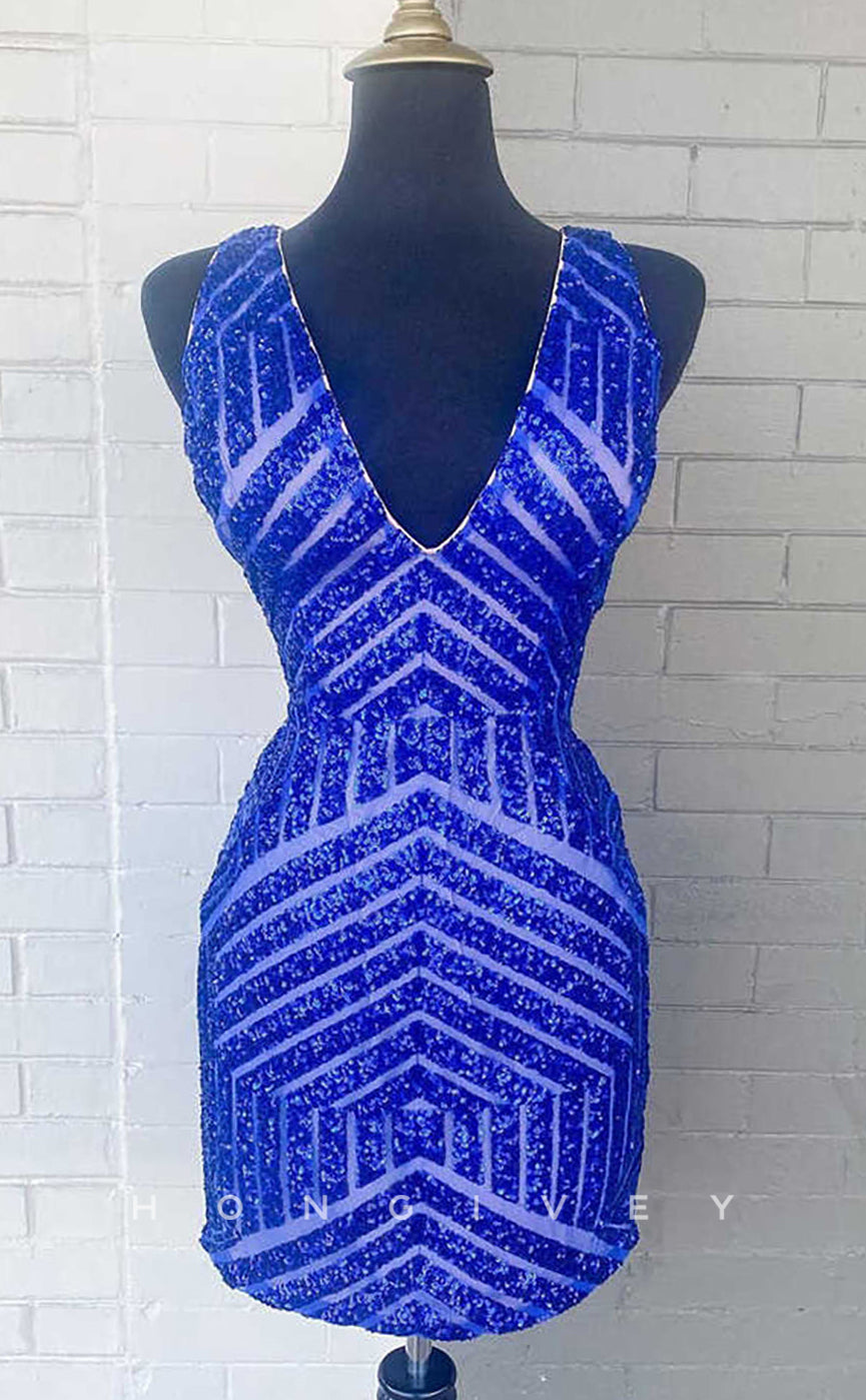 H2068 - Sexy Fitted Glitter V-Neck Backless Sequins Short Party/Homecoming Dress