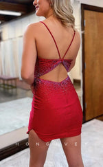 H2071 - Sexy Fitted Glitter Satin V-Neck Spaghetti Straps Beaded Short Party/Homecoming Dress