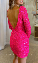 H2073 - Sexy Fitted Glitter V-Neck Long Sleeves Backless Short Party/Homecoming Dress