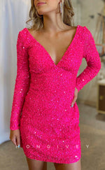 H2073 - Sexy Fitted Glitter V-Neck Long Sleeves Backless Short Party/Homecoming Dress