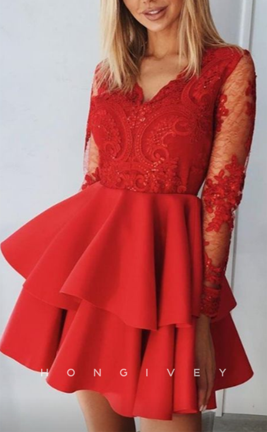 H2080 - Sexy Red Satin A-Line Empire V-Neck Lace Long Sleeve Short Party/Homecoming Dress