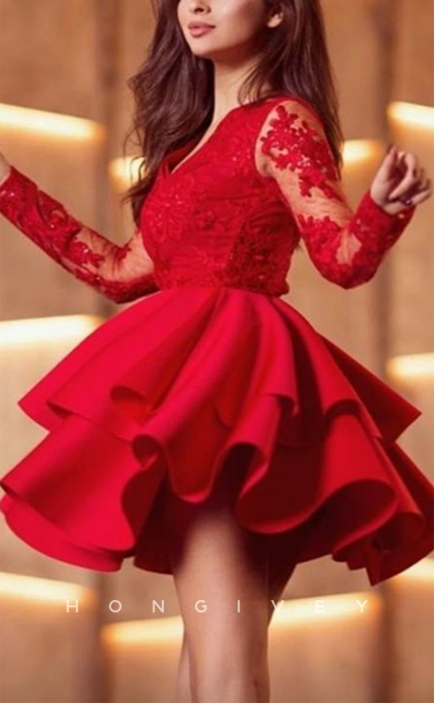 H2080 - Sexy Red Satin A-Line Empire V-Neck Lace Long Sleeve Short Party/Homecoming Dress