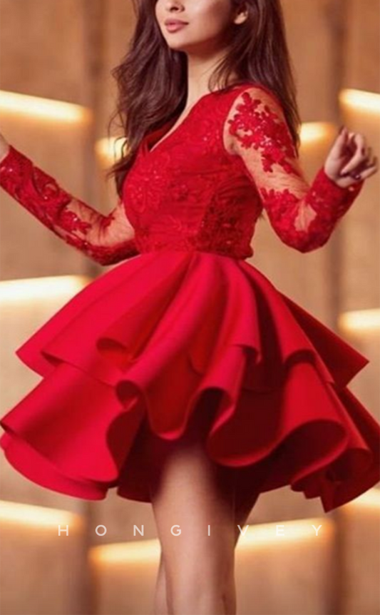 H2080 - Sexy Red Satin A-Line Empire V-Neck Lace Long Sleeve Short Party/Homecoming Dress