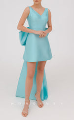 H2803 - Sexy A-Line Satin V-Neck Sleeveless Detachable Bowknot Train Short Homecoming Dress