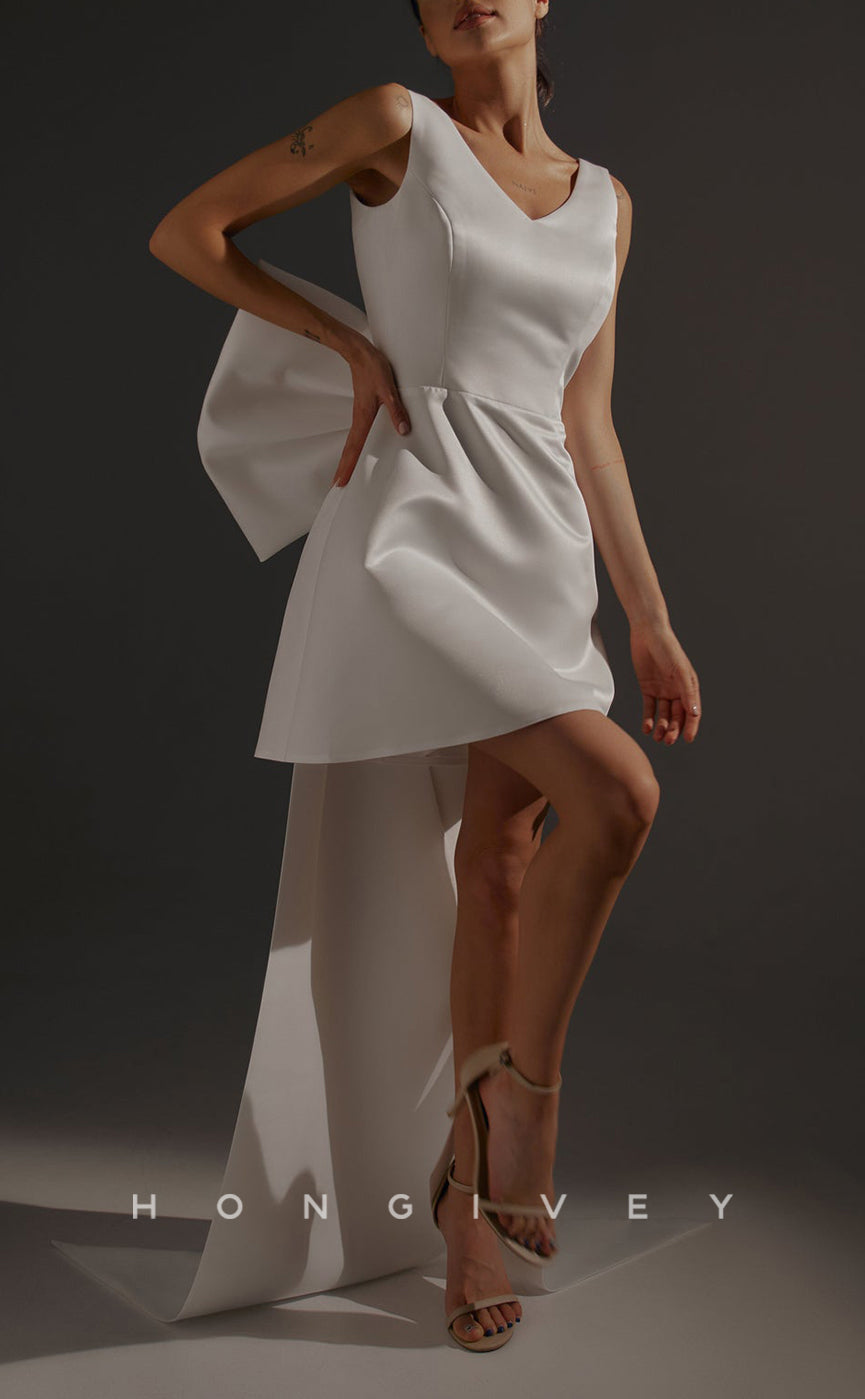 H2803 - Sexy A-Line Satin V-Neck Sleeveless Detachable Bowknot Train Short Homecoming Dress